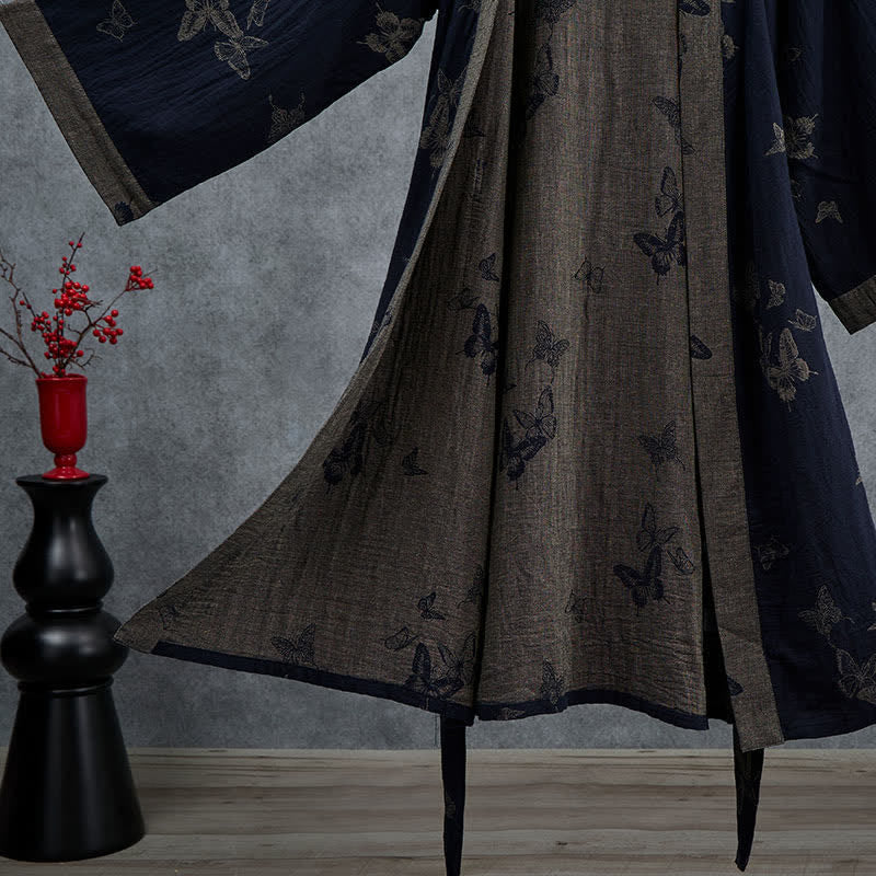 Kimono in doppia garza di cotone con motivo a farfalla blu navy - image 4