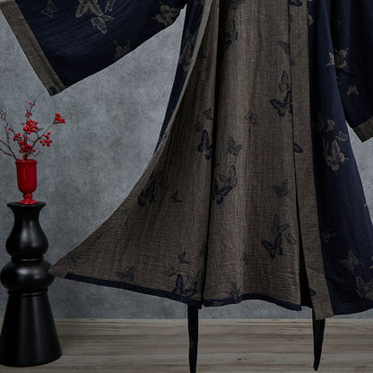 Kimono in doppia garza di cotone con motivo a farfalla blu navy - image 4