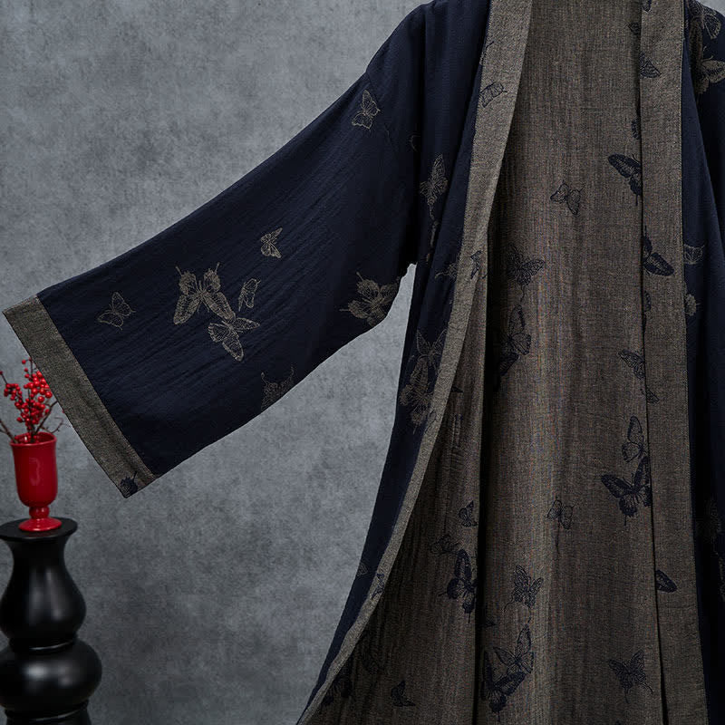 Kimono in doppia garza di cotone con motivo a farfalla blu navy - image 2
