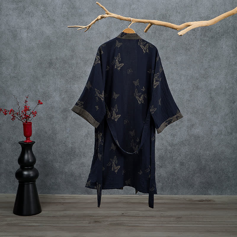 Kimono in doppia garza di cotone con motivo a farfalla blu navy - image 1