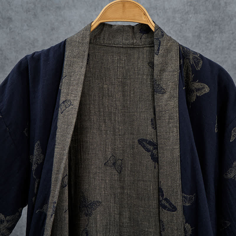 Kimono in doppia garza di cotone con motivo a farfalla blu navy - image 3