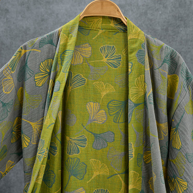 Kimono in cotone con foglie di ginkgo verde-grigio. - image 10