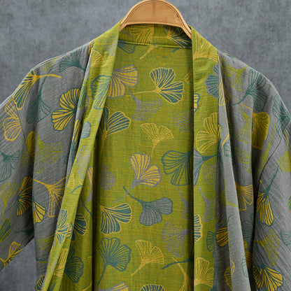 Kimono in cotone con foglie di ginkgo verde-grigio. - image 10