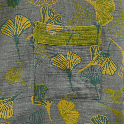 Kimono in cotone con foglie di ginkgo verde-grigio. - image 12