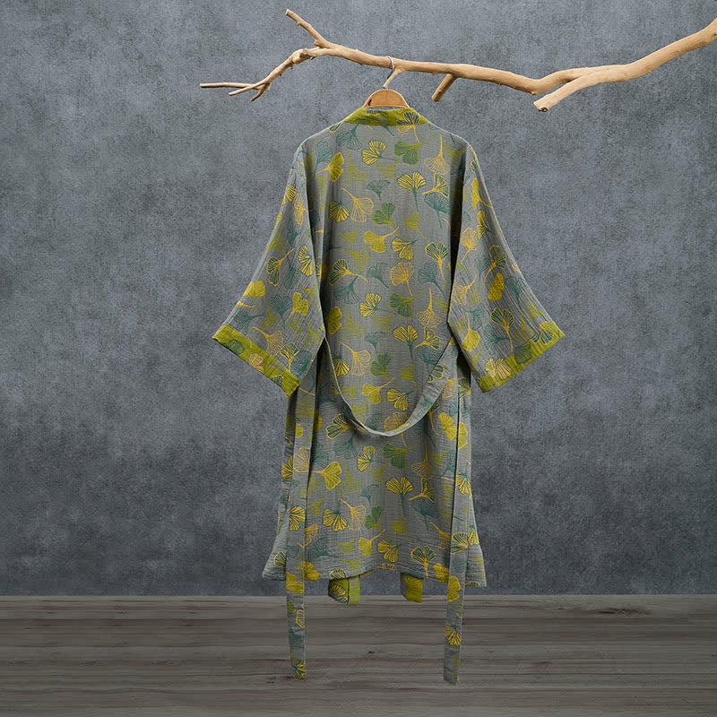 Kimono in cotone con foglie di ginkgo verde-grigio. - image 8