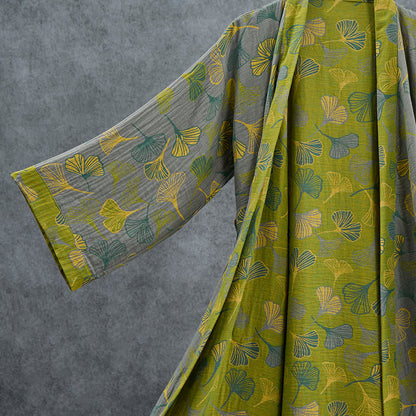 Kimono in cotone con foglie di ginkgo verde-grigio. - image 9