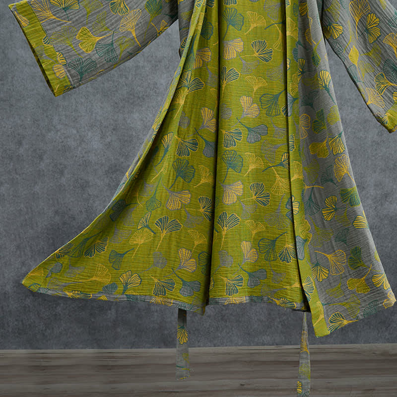 Kimono in cotone con foglie di ginkgo verde-grigio. - image 11