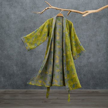Kimono in cotone con foglie di ginkgo verde-grigio. - Verde - 2XL - image 0