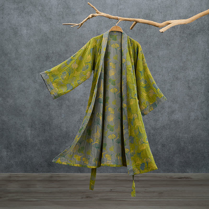 Kimono in cotone con foglie di ginkgo verde-grigio. - Verde - 2XL - image 0