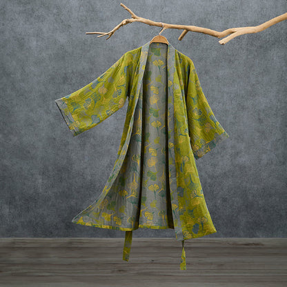 Kimono in cotone con foglie di ginkgo verde-grigio. - Verde - 2XL - image 0