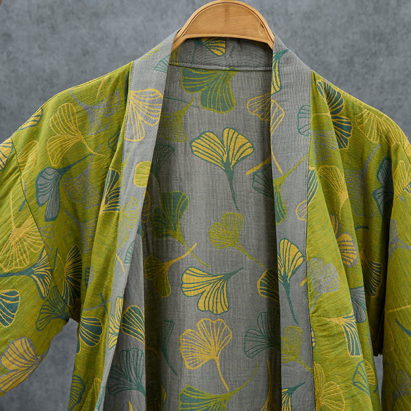 Kimono in cotone con foglie di ginkgo verde-grigio. - image 3