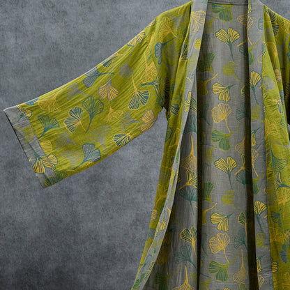 Kimono in cotone con foglie di ginkgo verde-grigio. - image 2
