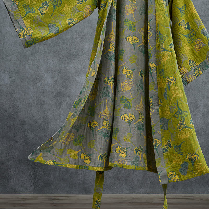 Kimono in cotone con foglie di ginkgo verde-grigio. - image 4