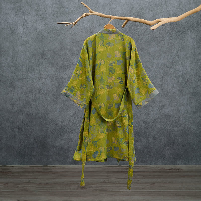 Kimono in cotone con foglie di ginkgo verde-grigio. - image 1