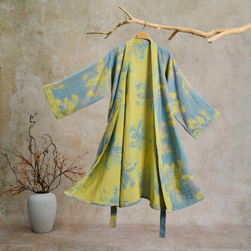 Kimono in doppia garza di cotone con stampa floreale in stile bohémien - Ciano - 2XL - image 0