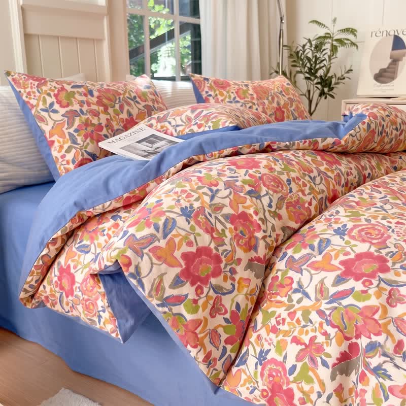 Set di biancheria da letto in cotone a doppia garza con stampa floreale in stile cottage. - Multicolore - 50cm x 50cm x 37" - 2 federe - image 0