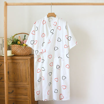 Kimono in mussola con stampa a cuori, vestaglia da casa - Beige - L - image 0