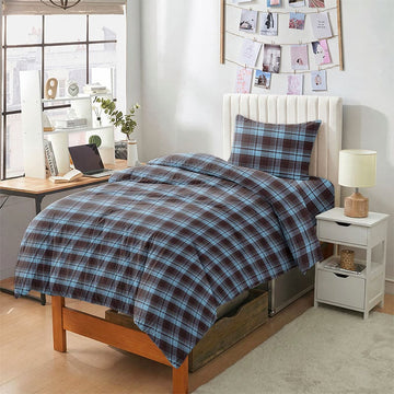 Set di biancheria da letto Singolo extra- XL a quadri classici per dormitorio - Quadri marroni e blu - Singolo XL - Set completo da 5 pezzi - image 0
