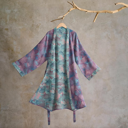 Kimono in cotone con foglie di ginkgo da sogno - Lavanda e menta - 2XL - image 5