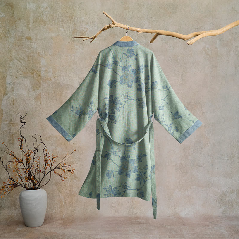 Kimono in cotone con stampa floreale color blu salvia - image 6