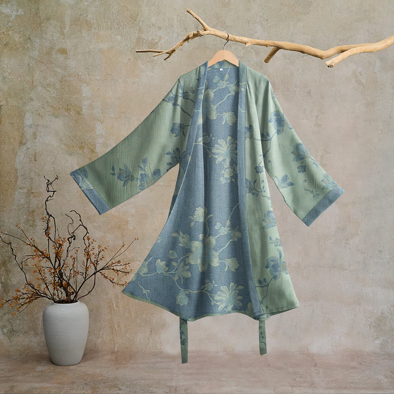 Kimono in cotone con stampa floreale color blu salvia - Salvia e Blu - 2XL - image 5