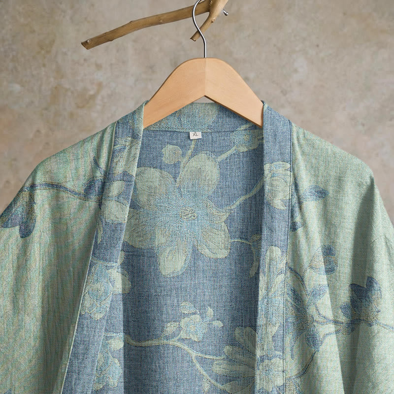 Kimono in cotone con stampa floreale color blu salvia - image 8