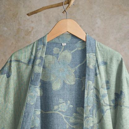 Kimono in cotone con stampa floreale color blu salvia - image 8