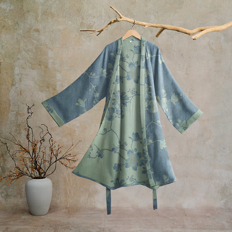 Kimono in cotone con stampa floreale color blu salvia - Blu e salvia - 2XL - image 0