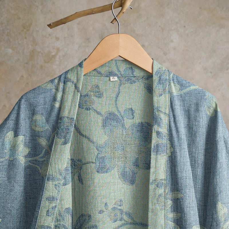 Kimono in cotone con stampa floreale color blu salvia - image 3