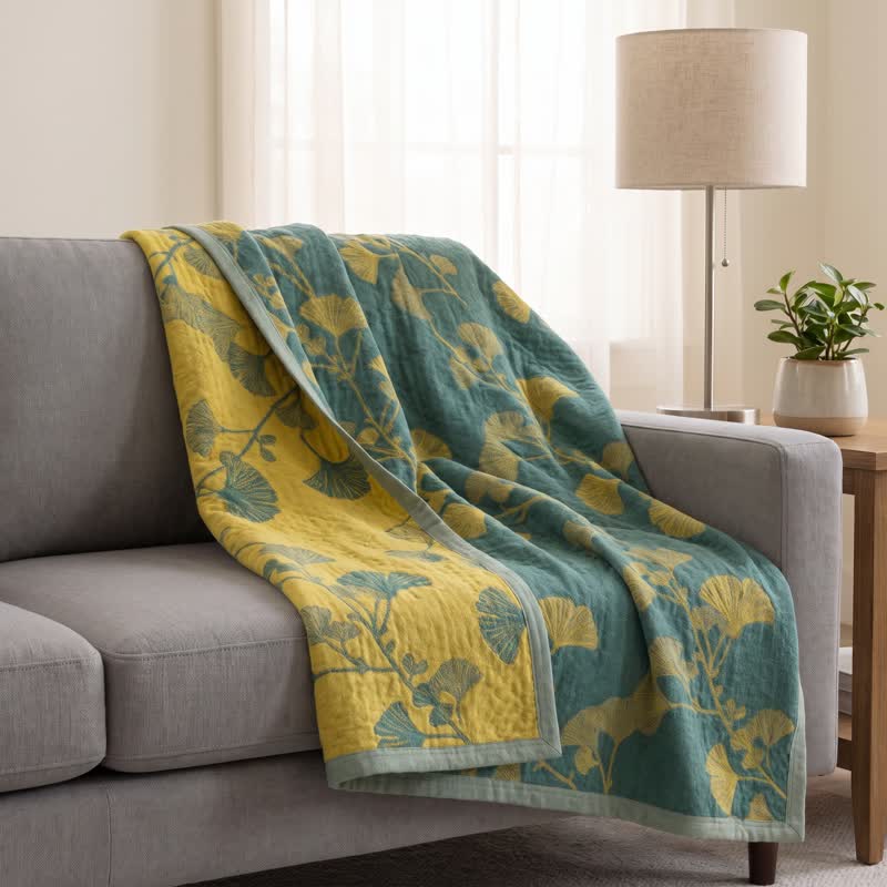 Trapunta reversibile in cotone con motivo a foglie di ginkgo nordico - image 3