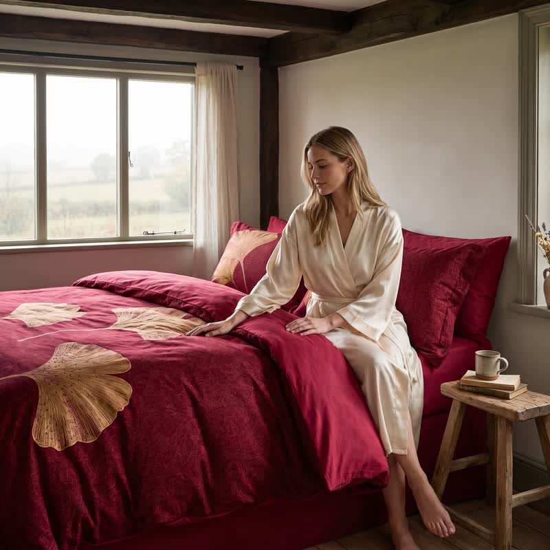 Set di biancheria da letto in cotone con foglie di ginkgo rosso intenso - image 3