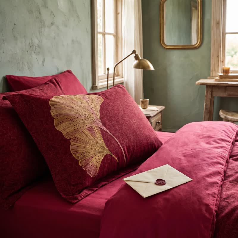 Set di biancheria da letto in cotone con foglie di ginkgo rosso intenso - image 5