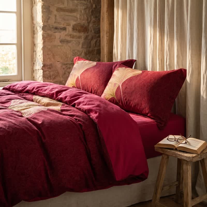 Set di biancheria da letto in cotone con foglie di ginkgo rosso intenso - Rosso - Matrimoniale - Set di biancheria da letto da 4 pezzi - image 0