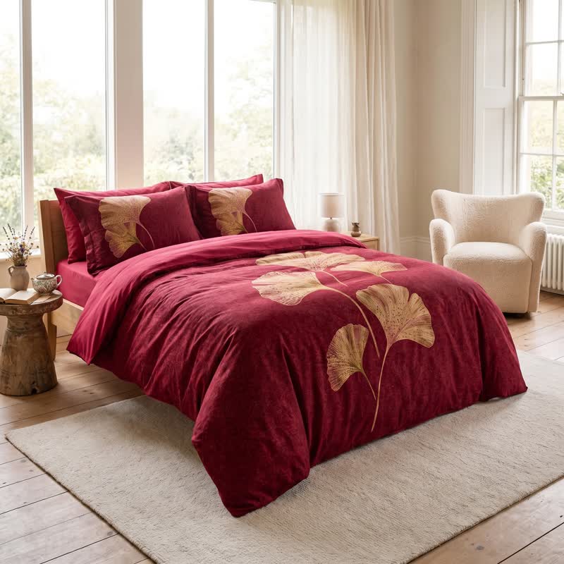 Set di biancheria da letto in cotone con foglie di ginkgo rosso intenso - image 1