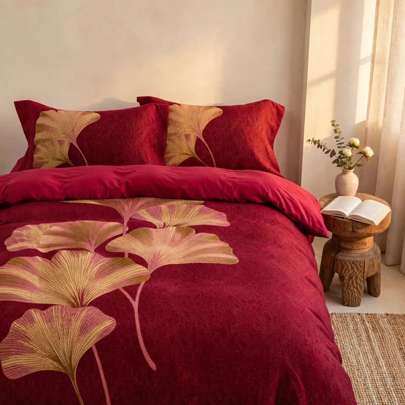 Set di biancheria da letto in cotone con foglie di ginkgo rosso intenso - image 2