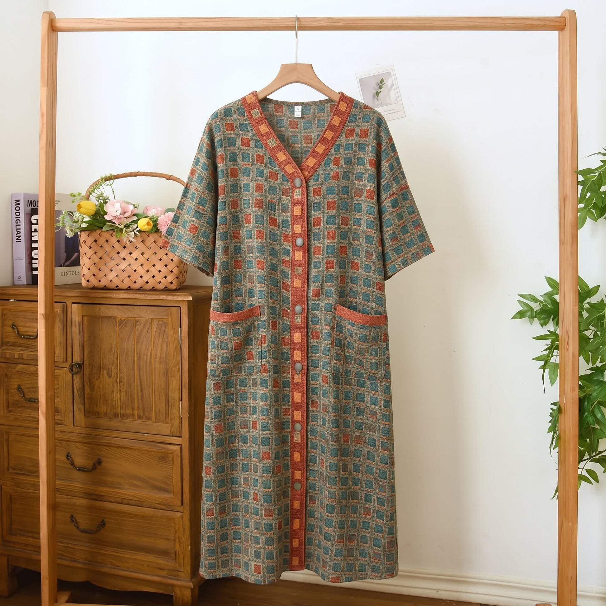 Cardigan da notte in cotone a quadri taglie forti - Verde - 5XL - image 0