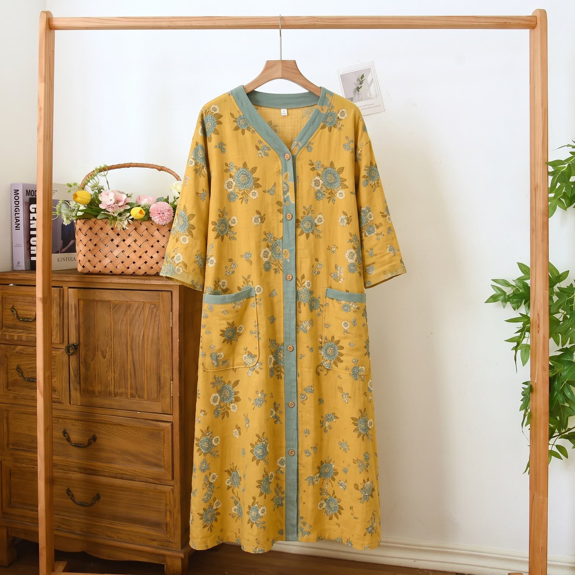Cardigan da notte in garza di cotone a fantasia floreale, taglie forti. - Giallo - 5XL - image 0