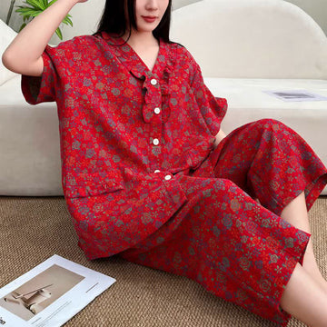 Completo da casa taglie forti con pantaloni capri corti con volant - Rosso - 5XL - image 0