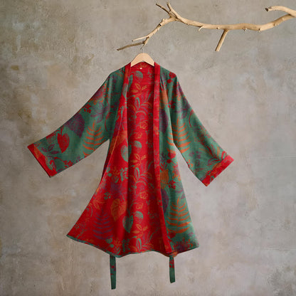 Kimono in cotone jacquard con motivo a foglie retrò - Verde e rosso - 2XL - image 5
