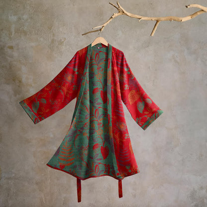 Kimono in cotone jacquard con motivo a foglie retrò - Rosso e verde - 2XL - image 0