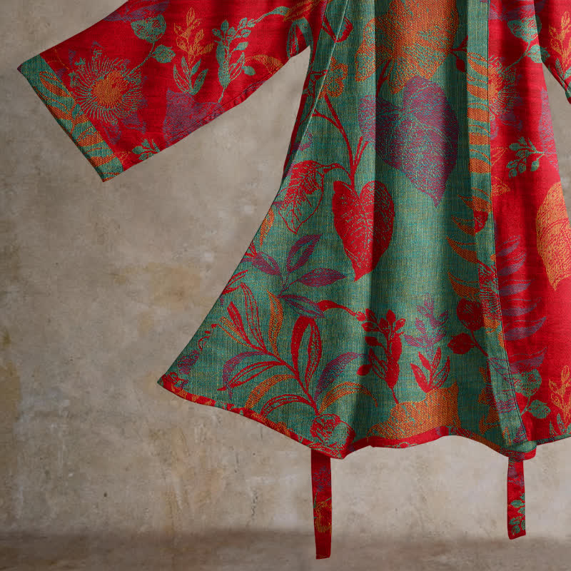 Kimono in cotone jacquard con motivo a foglie retrò - image 4