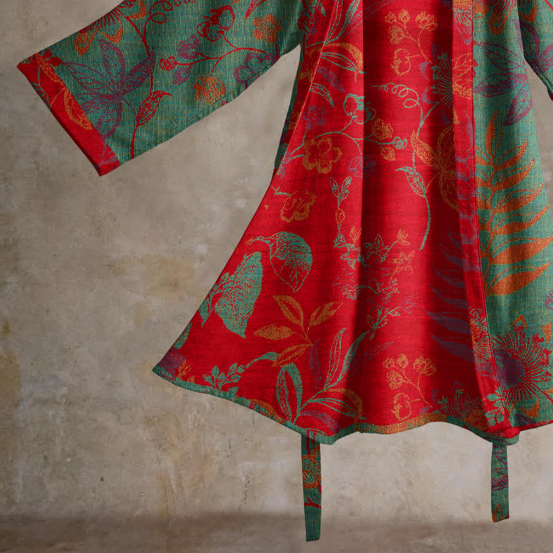 Kimono in cotone jacquard con motivo a foglie retrò - image 9