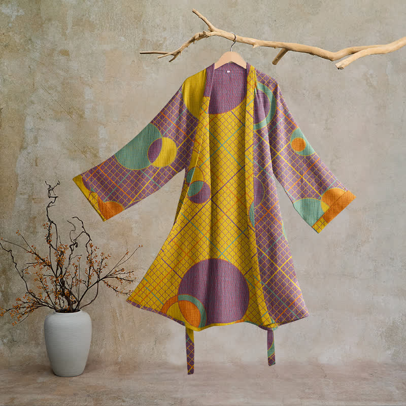 Accappatoio in cotone con cerchi geometrici in stile retrò - Viola e giallo - 2XL - image 0
