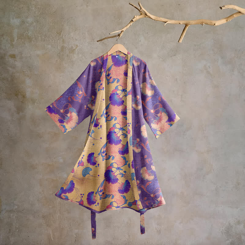 Kimono da casa in garza di cotone a fantasia floreale - Viola - XL - image 0