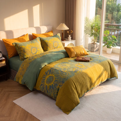 Set di biancheria da letto vintage in garza di cotone con motivo girasoli - Verde e giallo - Matrimoniale Grande - image 19