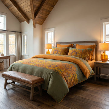 Set di biancheria da letto vintage in garza di cotone con motivo girasoli - Verde e arancione - Matrimoniale Grande - image 0