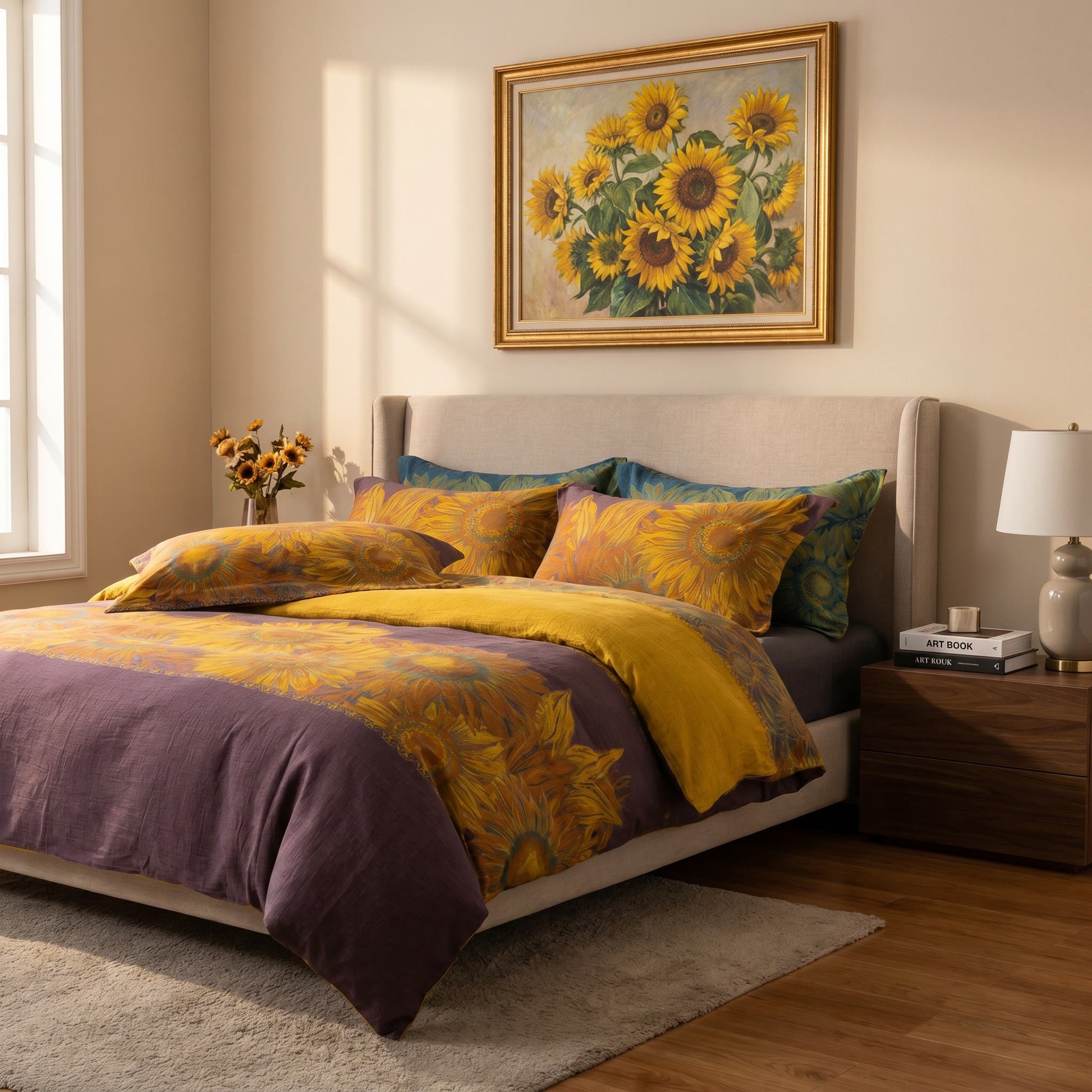 Set di biancheria da letto vintage in garza di cotone con motivo girasoli - Viola e giallo - Matrimoniale Grande - image 8