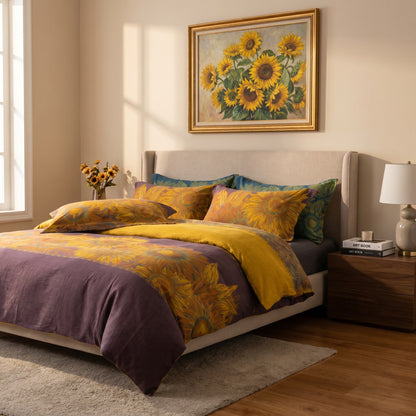 Set di biancheria da letto vintage in garza di cotone con motivo girasoli - Viola e giallo - Matrimoniale Grande - image 8