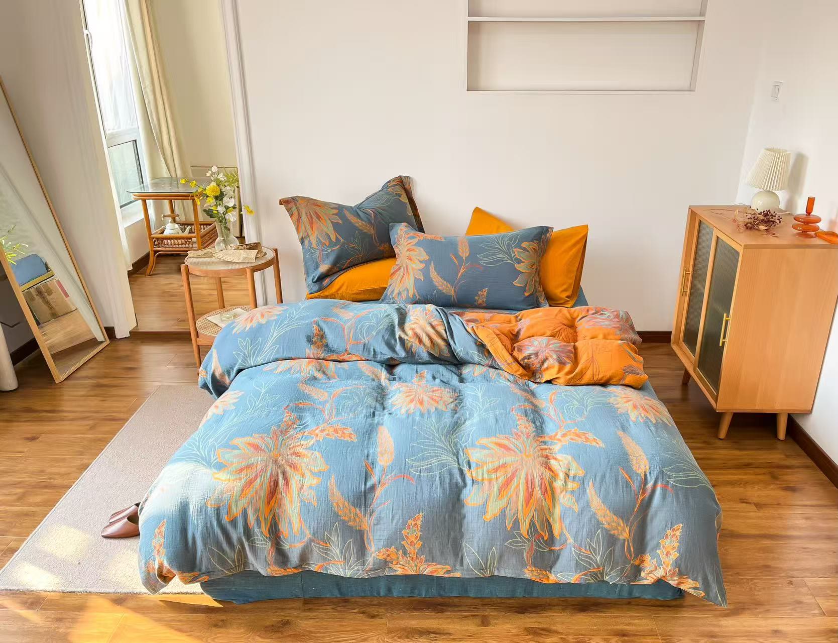 Set di biancheria da letto vintage in garza di cotone con motivo floreale. - Blu - Matrimoniale Grande - image 0