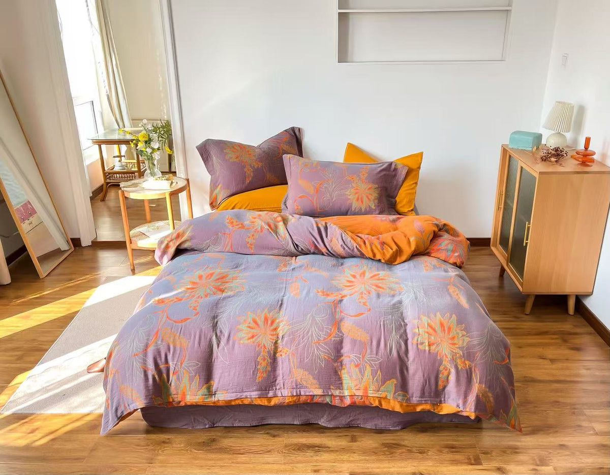 Set di biancheria da letto vintage in garza di cotone con motivo floreale. - Viola - Matrimoniale Grande - image 6
